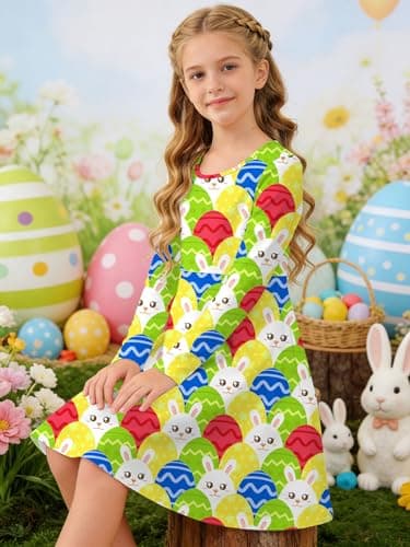 Ithalt Girls Easter Dress Bunny Print Shirts Easter Long Sleeve Dresses Litter Girls Christian Easter Gifts 5-12y view 3