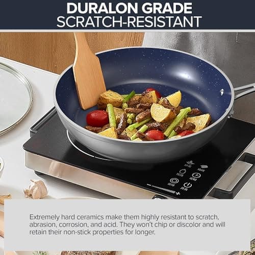 Nuwave 7pc Cookware Set Healthy Duralon Blue Ceramic Nonstick Coated, Diamond Infused Scratch-Resistant, PFAS Free, Oven Safe, Induction Ready & Evenly Heats, Tempered Glass Lids & Stay-Cool Handle view 4