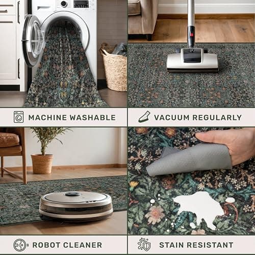 Vintage Dark Green Living Room Rug, 8x10 Washable Area Rugs for Dining Room Under Kitchen Table, Bedroom, Oriental Low Pile Stain Resistant Non-Slip Large Carpet (8x10 Dark Green) view 6