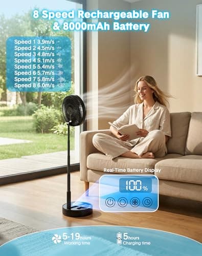 Portable Standing Oscillating Rechargeable Fan - 8" 8000mah Battery Operated USB Fans for Bedroom Quiet Remote Folding Pedestal Floor Ventilador Foldable Table Desk Room Office Camping Cruise Travel view 4
