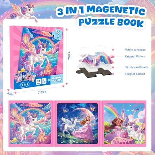 Magnetic Jigsaw Puzzles for Kids 3-8, Unicorn Princess Travel Toy view 3