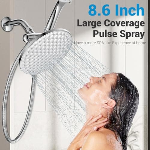 dual shower head with handheld combo,8.6 inch Rainfall showerhead,6 settings hand held shower heads with hose (Chrome) view 2