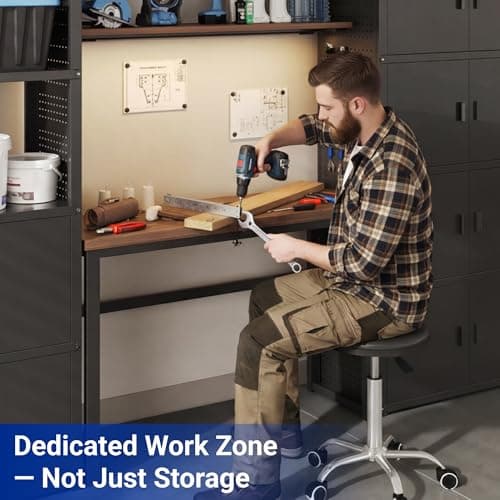 FLEXIMOUNTS Garage Storage Cabinet System, 3-in-1 Modular Metal Tool Cabinet w/Workbench and Metal Board Shelf Includes Pegboard, 24-Gauge Steel, 117"(L) w/ 8 Doors, Black, FLEXIMOD Series view 5
