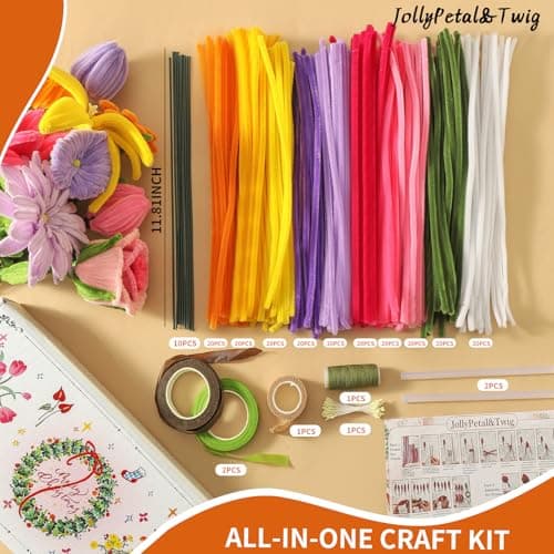 10 Colors Pipe Cleaners Craft,Chenille Stems Plush Craft Kit,Colorful Pipe Cleaners Flowers Kit with Floral Tape for Wedding Gifts Graduation Bouquet JollyPetal&Twig (Rainbow) view 2