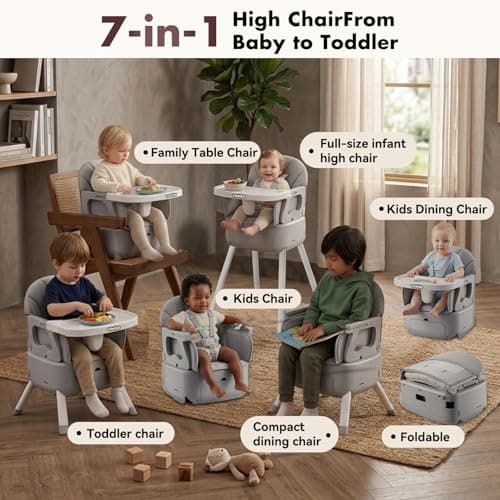 YOKISS 7 in 1 Convertible Baby HighChair for Babies and Toddlers,Adjustable Legs & Tray, Safe, Skin-Friendly Seat Cushion, Non-Slip & Stable, Supports up to 15kg Grey view 2