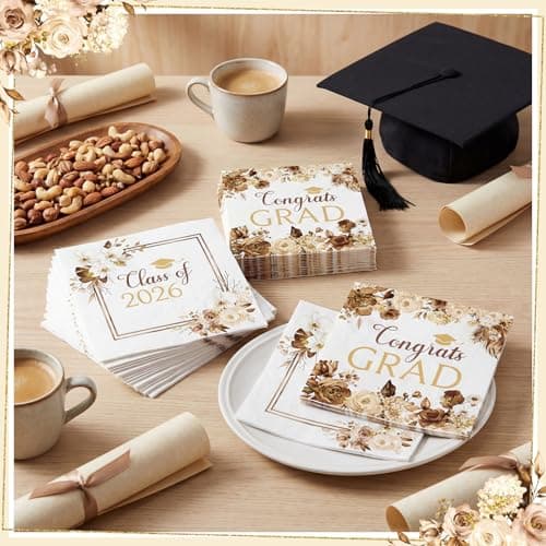 80 Pcs Boho Graduation Napkins, 6.5 Inch Boho Floral Congrats Grad Party Napkins Gold and White Class of 2026 Paper Napkin for High School College Graduation Party Decorations view 4