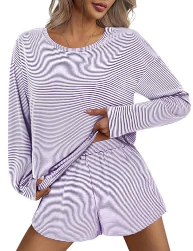 JUSTFASHIONNOW Womens Pajama Sets Striped Two Piece Lounge Sets Long Sleeve Top and Split Shorts Print Sleepwear Comfy Pjs view 2