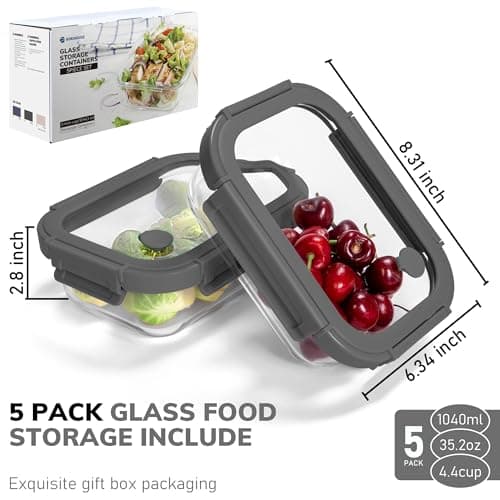 BOROHOUSE 5-Pack Borosilicate Glass Containers with Tempered Glass Lids, 35.2oz/4.4 Cup Airtight Meal Prep Set, Microwave/Freezer Safe (Gray) view 2