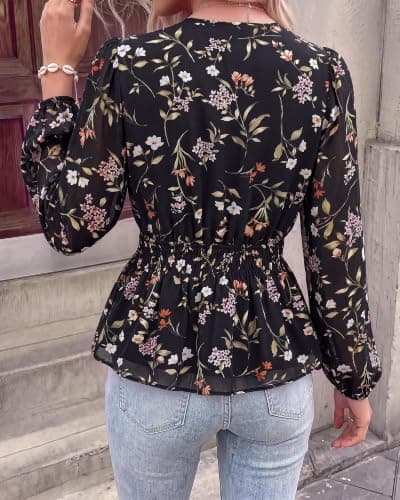 BTFBM Womens Tops Dressy Casual Floral V Neck Long Sleeve Chiffon Shirts view 3