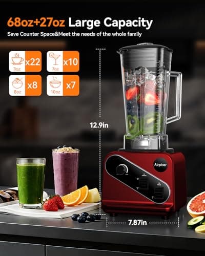 Blender 1200W, Professional Countertop Blender with 8-Blade Stainless Steel Blade for Quickly Crushing Ice, Fruit, Red view 2