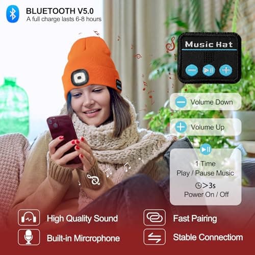 SYMNTEM Gifts for Men, Rechargeable Bluetooth Music Unisex Beanie Hat with Light, Valentines Day Gifts for Him, Birthday Gifts for Men, Women, Orange view 2