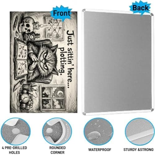 Just Sittin Here Plotting Metal Tin Sign Dark Humor Cat Artwork Funny Bathroom Wall Decor Gothic Sketch Style Plaque Restroom Home Office Gift 8x12 Inch Pre Drilled Hanging Art view 6