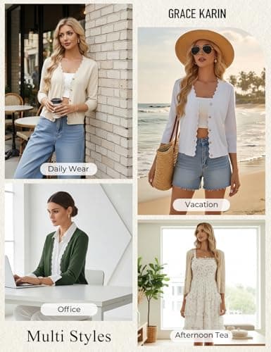 GRACE KARIN Women's 3/4 Sleeve V Neck Button Down Lightweight Cardigan Sweater Open Front Dressy Shrugs Spring Fashion view 4