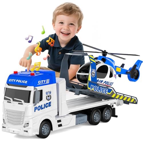 21.2 Inch Semi Police Truck Toy for 3 4 5 Years Old Boys - With Racing Car and Helicopter, Friction Powered Transport Truck Crane Vehicle with Lights and Sounds for Boy Christmas Birthday Gifts