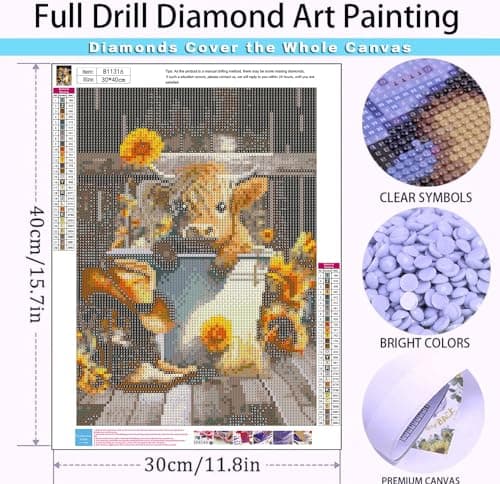Cow Diamond Painting Kits for Adults Beginners - 5D Cow and Flower Diamond Art Kits for Adults,DIY Round Full Diamond Gem Art Suitable for Home Wall Decor Gifts(11.8x15.7in) view 4