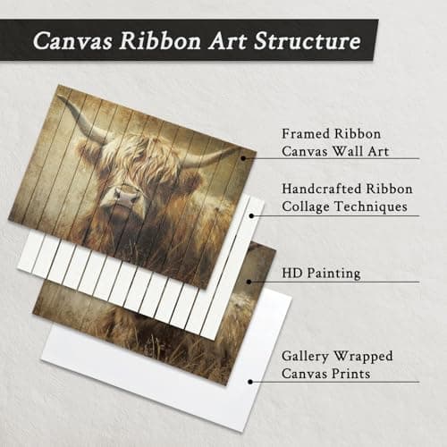 llribbons Handmade Highland Cow Wall Art, Rustic Farmhouse Canvas Painting Animal Wall Decor 3D Textured Fabric Tape Prints on Wood Plank Style for Living Room, Bedroom, Kitchen, Bathroom – 20" x 28" view 3