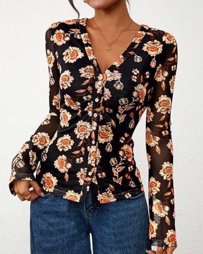 BTFBM Button Down Shirts for Women 2026 Spring Boho Tops V Neck Long Sleeve Blouses Ruched Mesh Fitted Fashion Clothing view 6