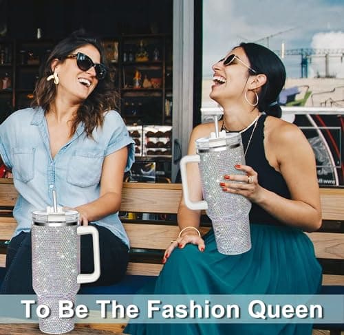 HWISDMIG 40oz Tumbler with Handle-Glitter Rhinestones Tumbler Bling Cups Stainless Steel Water Bottle Diamond Studded Tumbler for Women-Birthday Gifts for Women, Mom, Wife, Girlfriend (40 oz, Shiny) view 6