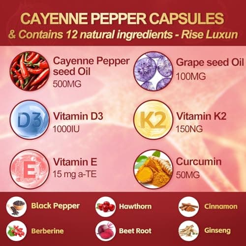RiseLuxun 12-in-1 Cayenne Pepper Capsules Supplement*, 5000mg Per Serving Containing | Vitamin D3 K2+E & Extracts of Grape Seed, Hawthorn, Beetroot, Berberine Other Extracts view 2
