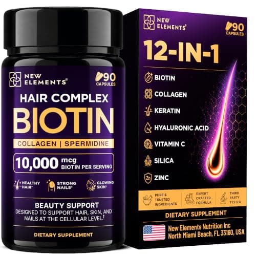 New Elements Biotin 10000 mcg with Collagen, Keratin & Hyaluronic Acid, 12-in-1 Hair Skin and Nails Supplement with Bamboo Silica, Vitamins C & E, Zinc & Copper, 90 Capsules — image 1