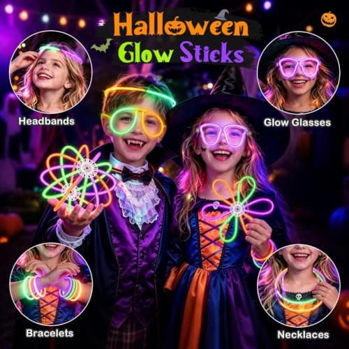 BUDI 467Pcs Glow Sticks Party Favors, Glow in the Dark Party Pack Halloween | 210 Glowsticks 3 Color 8“ & 257 Connectors, Non Candy Halloween Treats Party Supplies Kid Adult, Necklace Bracelets Glasses view 3