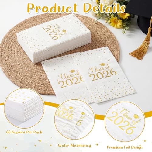 NatNarr 60 Pcs 2026 Graduation Napkins, Class of 2026 Disposable Hand Towels for Bathroom Gold Foil Dots Dinner Guest Napkins for High School College Graduation Party Decoration Congrats Celebration view 3