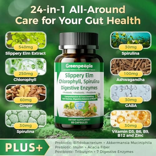 GREENPEOPLE Digestive Enzymes for Women & Men - Gentle Gut Health & Cleanse Capsule with Slippery Elm, Chlorophyll, Spirulina, Probiotics Complex - Complete Sensitive Gut Supplement 60 Ct 30 Days Use view 4