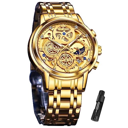 OLEVS Skeleton Watches for Men Gold Big Face Stainless Steel Metal Band Luxury Mens Watch Chronograph Analog Dress Water Resistant Day Date Watches Men Male Wrist Casual Fashion Original Men's Watch