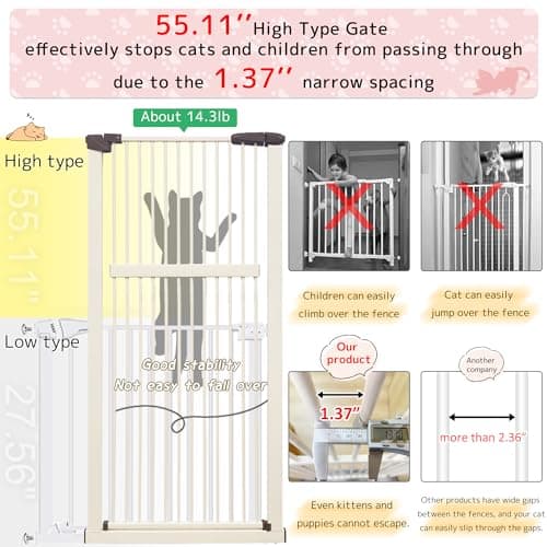 Lumizone Extra Tall Pet Gate 55.12" High Pressure Mounted 50.79"-55.11" Extra Wide (9 Sizes) 1.37" Gap for Cat Dog Stairs Doorway Hallway No Drilling Auto-Close (50.79"-55.11" W, Cream White) view 4