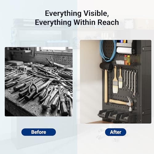 FLEXIMOUNTS Garage Storage Cabinet System, 3-in-1 Modular Metal Tool Cabinet w/Workbench and Metal Board Shelf Includes Pegboard, 24-Gauge Steel, 117"(L) w/ 8 Doors, Black, FLEXIMOD Series view 3