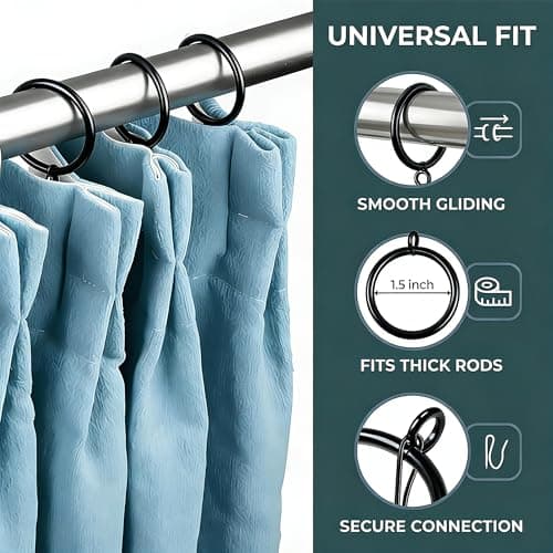 Curtain Rings with Eyelets, Metal Curtain Hooks for Drapes, Drape Ring 1.5 in Inner Diameter Fits Up to 1 1/4 inch Curtain Rod, 1.2 in Drapery Pins (22 Pcs Black Curtain Rings and 30 Pcs Black Hooks) view 3