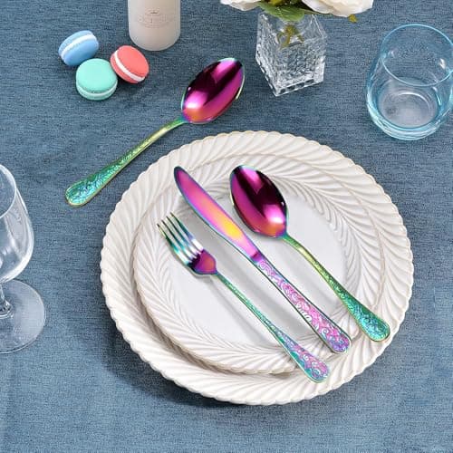 Runfly Vintage Carved Rainbow Stainless Steel 20 Pieces Flatware Set, Colorful Silverware Set, Modern Embossed Cutlery Set Utensils Including Fork Spoon and Knife view 2
