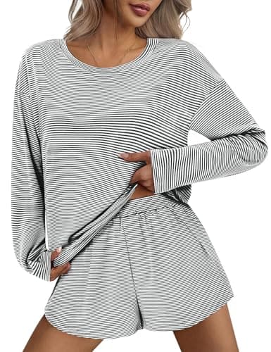 JUSTFASHIONNOW Womens Pajama Sets Striped Two Piece Lounge Sets Long Sleeve Top and Split Shorts Print Sleepwear Comfy Pjs view 2
