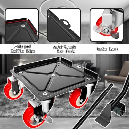 Qenovo 1,500 lb Capacity Furniture Dolly Set, 5.3-Inch Platforms, Red | Carbon Steel Dollies Feature Five Quiet Wheels, Including Locking Casters, Plus a Pry Bar for Washers, Sofas and Cabinets. view 5