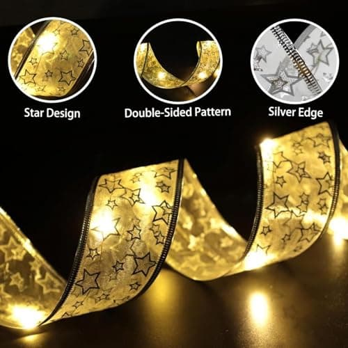 YUNGSUN Gold Christmas Tree Decorations Ribbon Lights, 64ft 200 LED String Lights, Battery-Powered Copper Wire Ribbon Lights for Holiday Party Weddings Indoor Christmas Tree Decorations view 3