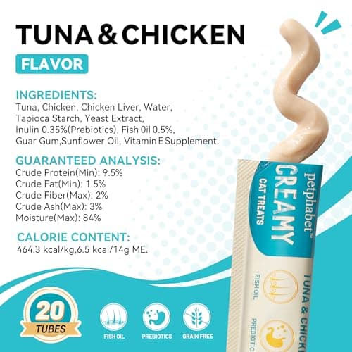 PETPHABET Lickable Cat Treats Squeeze, Creamy Puree Squeezable Wet Kitten Treats, Tuna & Chicken Recipe 20 Tubes, Paste Snacks for Skin & Coat Health, Digestive Care, High Protein, Grain Free view 2