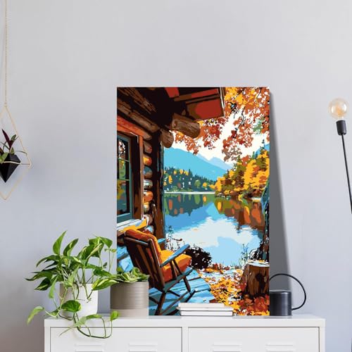 igoodom Framed Paint by Numbers Kit for Adults Beginner, Lake House Easy Paint by Number Kits on Canvas with Easel, DIY Adults' Paint-by-Number Kits for Gift Home Wall Decor 8x12inch view 2
