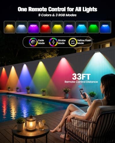JOFIOS Fence Lights Solar Powered with Remote 12 Pack, Warm White, Cool White and RGB Color Glow LED Solar Lights Outdoor, Dusk to Dawn Solar Fence Lights for Patio, Backyard, Railing, Deck, and Wall view 5