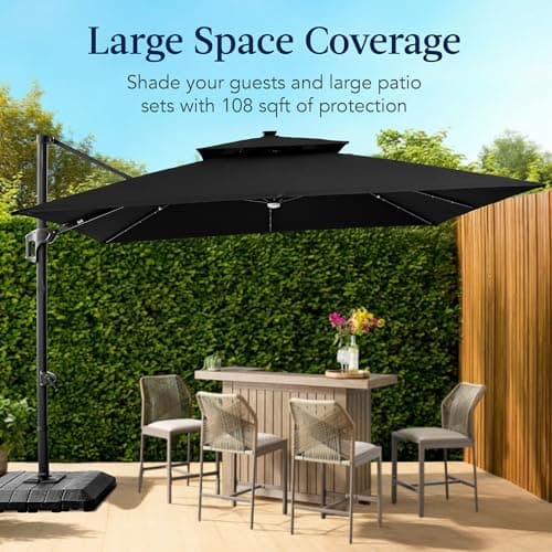 Best Choice Products 9x12ft LED Cantilever Patio Umbrella w/Base Included & 360° Rotation, Large Solar Offset Hanging Outdoor Sun Shade for Deck, Backyard Table w/Stand & Lights – Black view 4