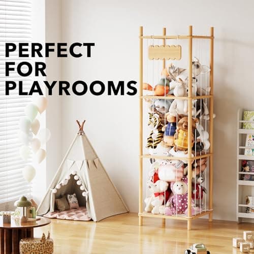 SpaceAid Stuffed Animal Storage Organizer, Wood Animals Zoo Toy Plushies Storage Holder, Large Capacity Plush Toy Cage for Playroom Organization, 15.8" Wide, Natural view 6