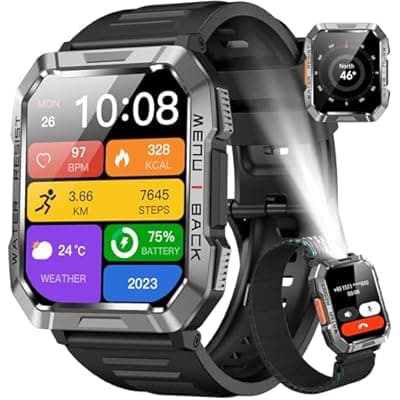 Military Smart Watch for Men(Answer/Make Call), Outdoor Sports Smartwatch with Flashlight/100 Days Battery/Compass/Heart Rate/SpO2/Sleep Monitor/2 Straps, Fitness Tracker for iPhone/Android Phones