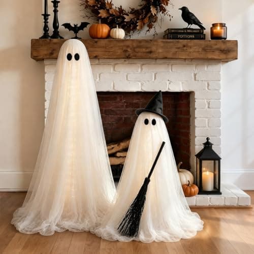 Halloween Decorations Outdoor, 2 Packs Light-Up Spooky Ghost Witch Broom view 6