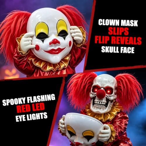 Scary Halloween Animatronics Clown Decoration for Haunted House Party Decor | Spooky Sound & Touch Activated Skull Face Ripping Clown Prop with Red LED Eyes, Indoor Outdoor Yard Holiday Porch Party Favor view 3