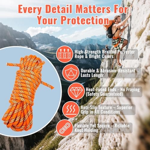 Keepark 10.5mm 1/2 Inch Static Climbing Rope - 32FT to 150FT - 9000lbs Arborist Tree Rope, Heavy Duty Rappelling Rope for Adults & Kids Rock Climbing, Fire Rescue, Escape, Caving, Sailing & Swing view 6