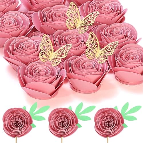 Mverse Dusty Rose Flowers 3D Rolled Roses Paper Flowers Decorations for Custom Shadow Box Frame, Mini Artificial Crafts DIY Birthday Gift (18 Pieces, Bright Pink)