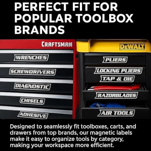 Magnetic Tool Box Organization Labels, 12 Pack Reusable Steel Cabinet Labels for Workshop Storage, Toolbox Drawer with Strong Magnet Backing (Black) view 3