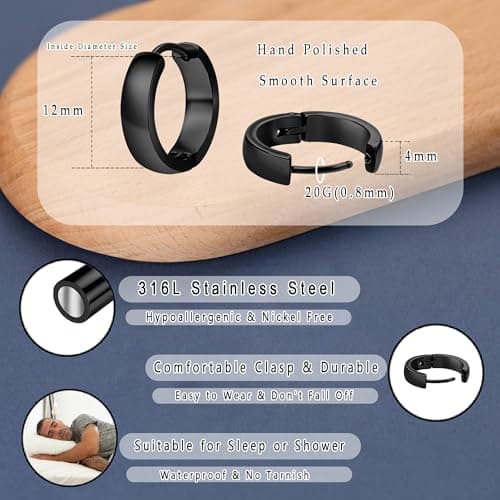 DHZJTSL 3 Pairs Hypoallergenic Small Hoop Earrings for Men, 316L Surgical Stainless Steel Black/Gold/Silver Earrings Huggie Jewelry Set for Mens Women 12/14/16mm view 2