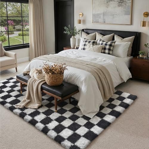 PureCozy Checkered Rug 5x8 for Living Room, Black and White Modern Shag Rugs Super Soft Washable Indoor Office Fuzzy Carpet Non-Slip Fluffy Rugs for Bedroom Home Aesthetic Decor view 4