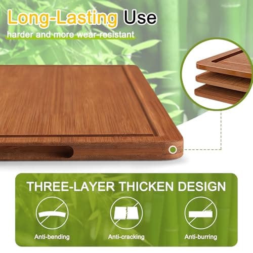 Homaxy Bamboo Cutting Board for Kitchen Set of 3, Wooden Cutting Boards with Non-Slip Mat Deep Juice Groove and Built-In Handles, Wood Chopping Board Set for Meat Fruits & Vegetables view 5