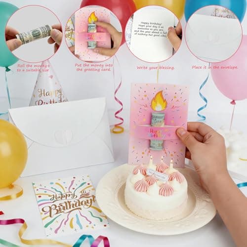 Unique Gold Foil Birthday Cards with Envelopes - Birthday Candle Creative Designs Design, Fun Playful Money Holder Cards, Exquisite Women's Birthday Cards for Family, Kids & Friends(Pink-1) view 4